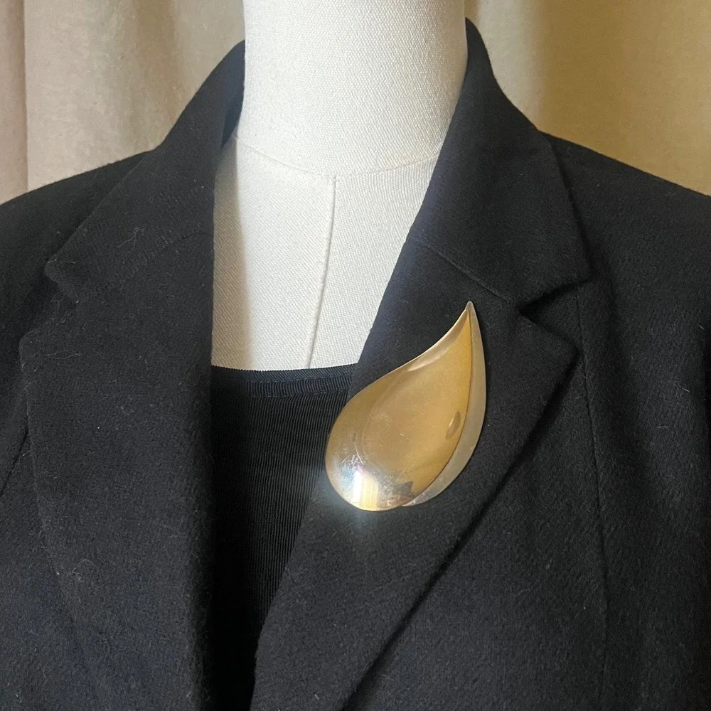 Vintage Sculptural Teardrop Brooch Gold Silver Modernist Statement